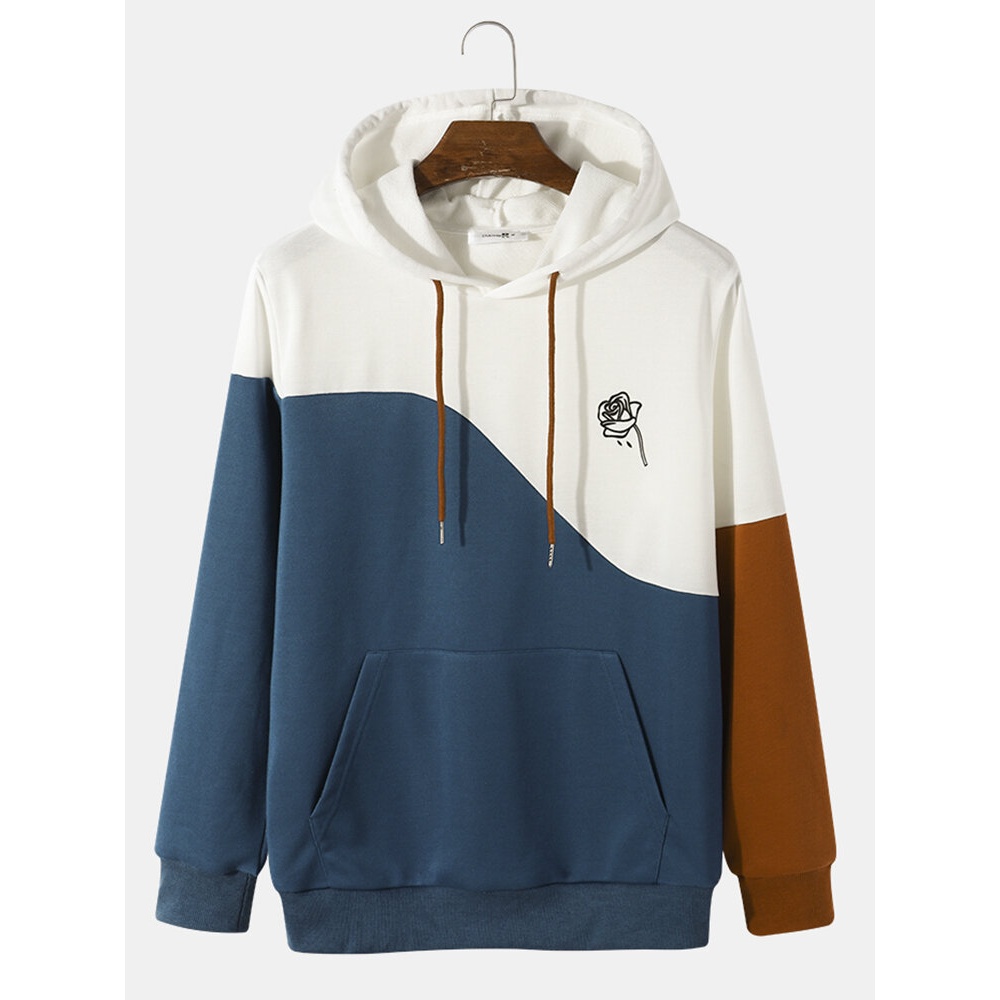 Mens Rose Three Color Block Vintage Flower Printed Hoodies - Black S