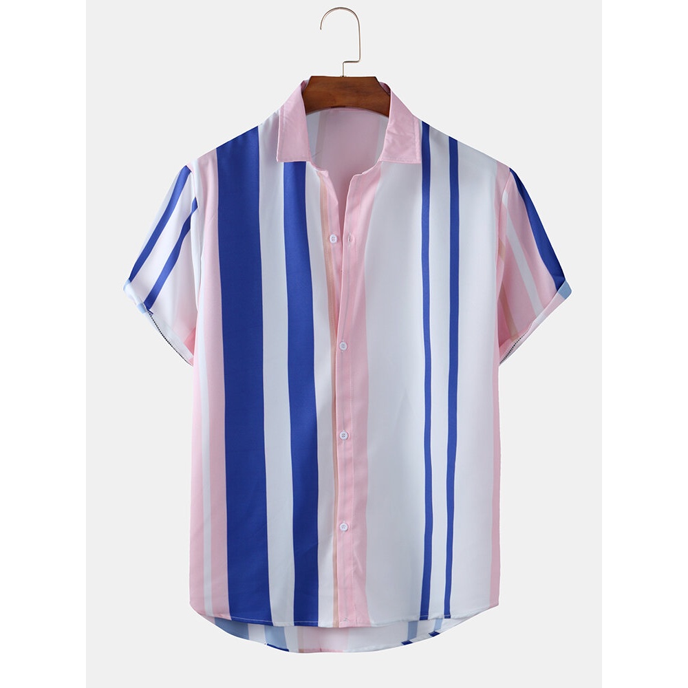 Mens Colorful Striped Print Light Short Sleeve Summer Casual Shirts - Yellow 5XL