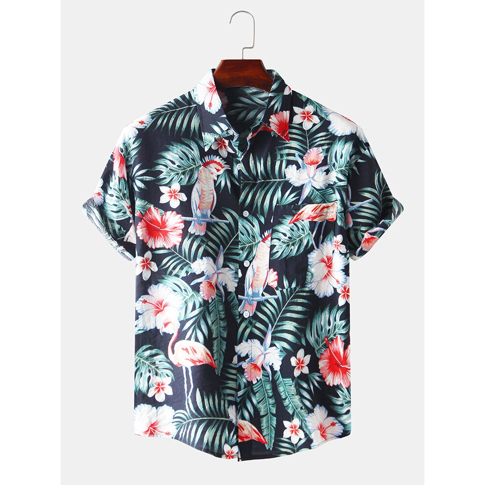 Mens Tropical Style Pattern Breathable Short Sleeve Casual Shirts - White L