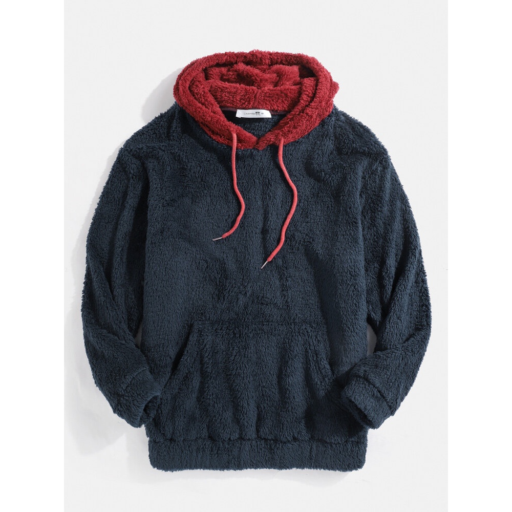 Mens Contrasting Color Patchwork Kangaroo Pocket Teddy Hoodies - Navy S