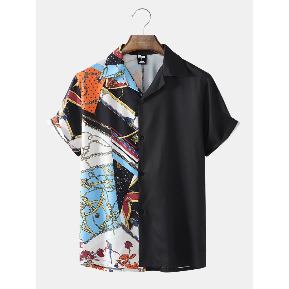 Mens Casual Baroque Print Patchwork Revere Collar Shirts - Black S