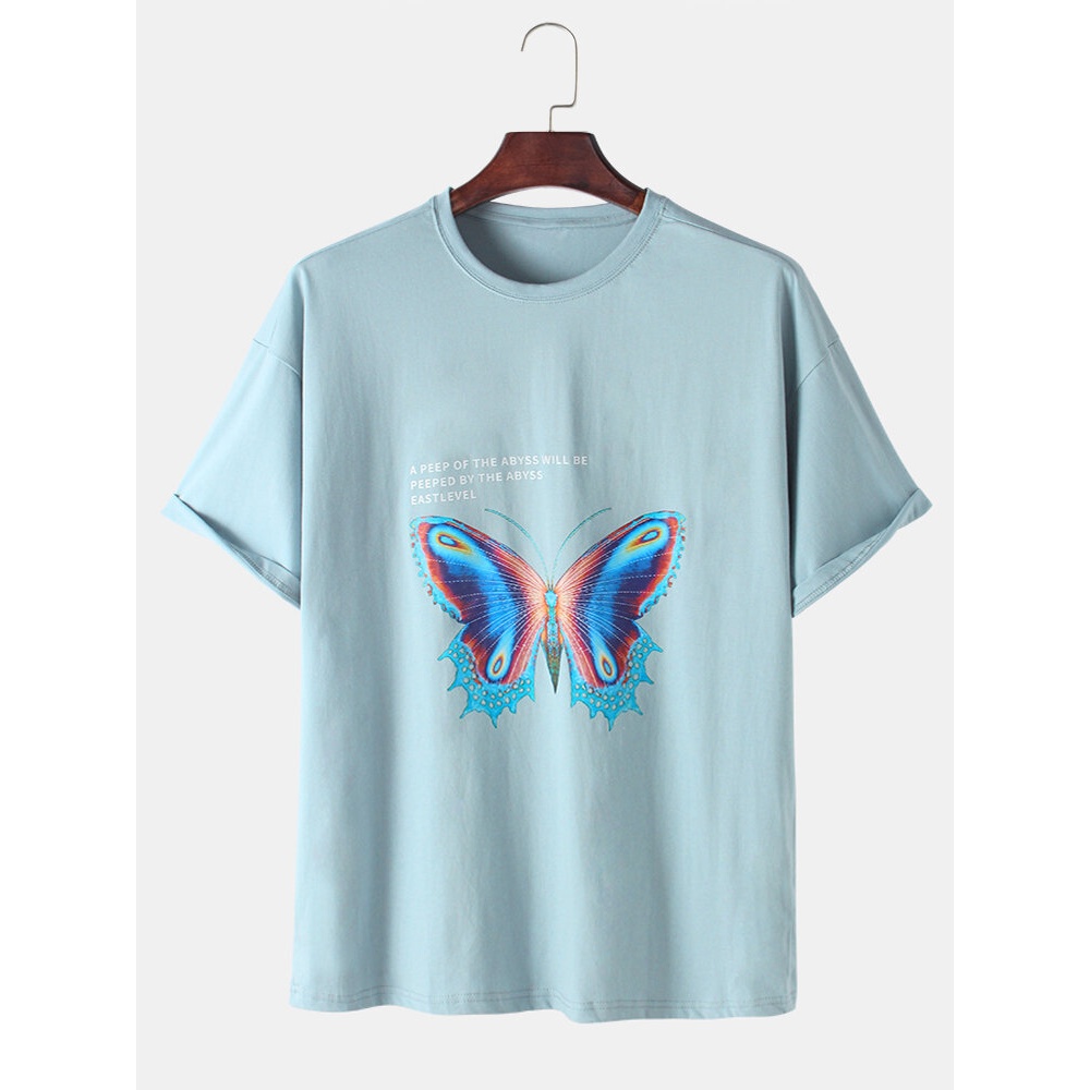 Mens 100% Cotton Butterfly Print Solid Color Light Loose T-Shirts - Black 2XL