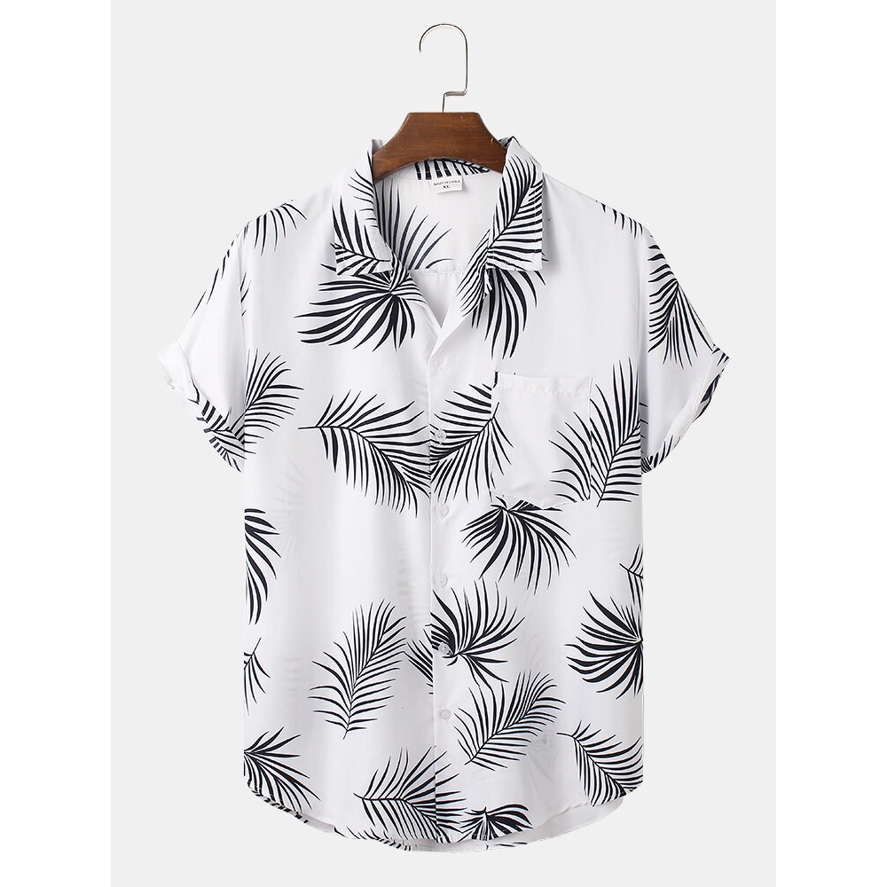 Mens Maple Leaf Print Tropical Short Sleeve Shirts - White S