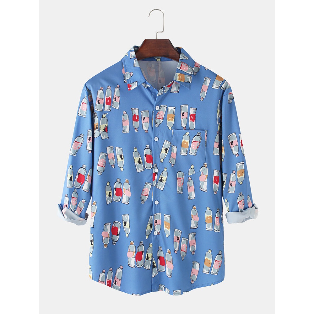 Mens Cartoon Bottle Print Chest Pocket Long Sleeve Casual Shirts - Blue XL
