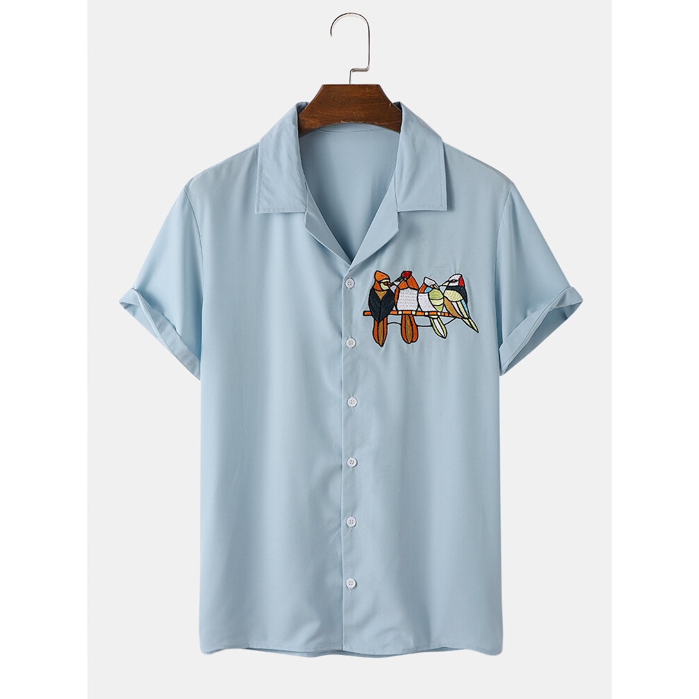 Mens Casual Multi Birds Hanging Print Short Sleeve Shirts - Blue 2XL