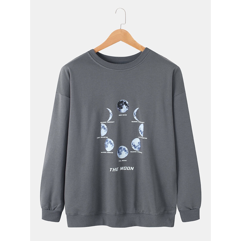 Mens Cotton Lunar Eclipse Print Drop Shoulder Casual Pullover Sweatshirts - Black XS