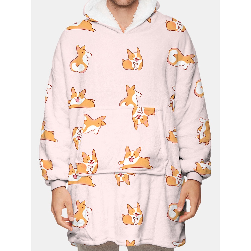 Mens Dog Print Fleece Two-Sided Wearable Blanket Hoodie Loungewear With Handy Pocket - Pink One Size