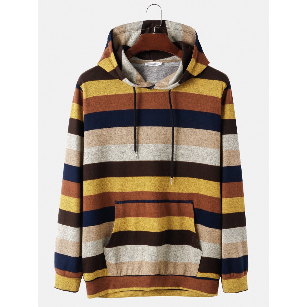 Mens Colorful Striped Fit Drawstring Hoodies With Muff Pocket - Yellow S
