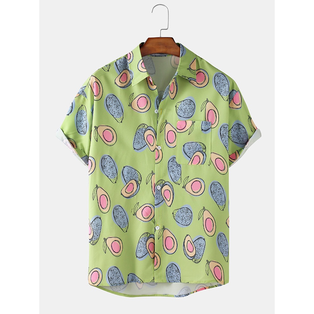 Mens Cartoon Avocado Print Turn Down Collar Short Sleeve Shirts - White L