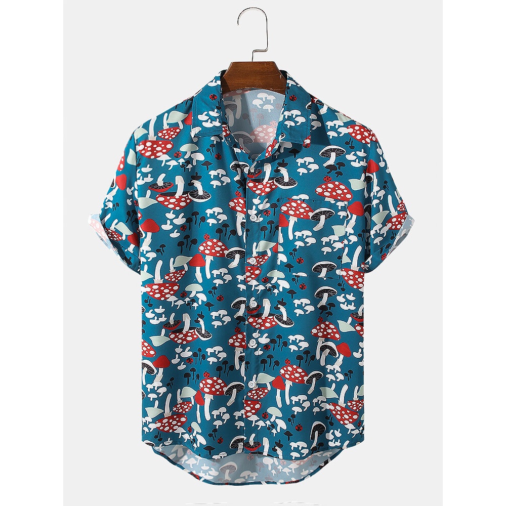Mens Cartoon Mushroom Print Button Up Short Sleeve Shirts With Pocket - Blue XL