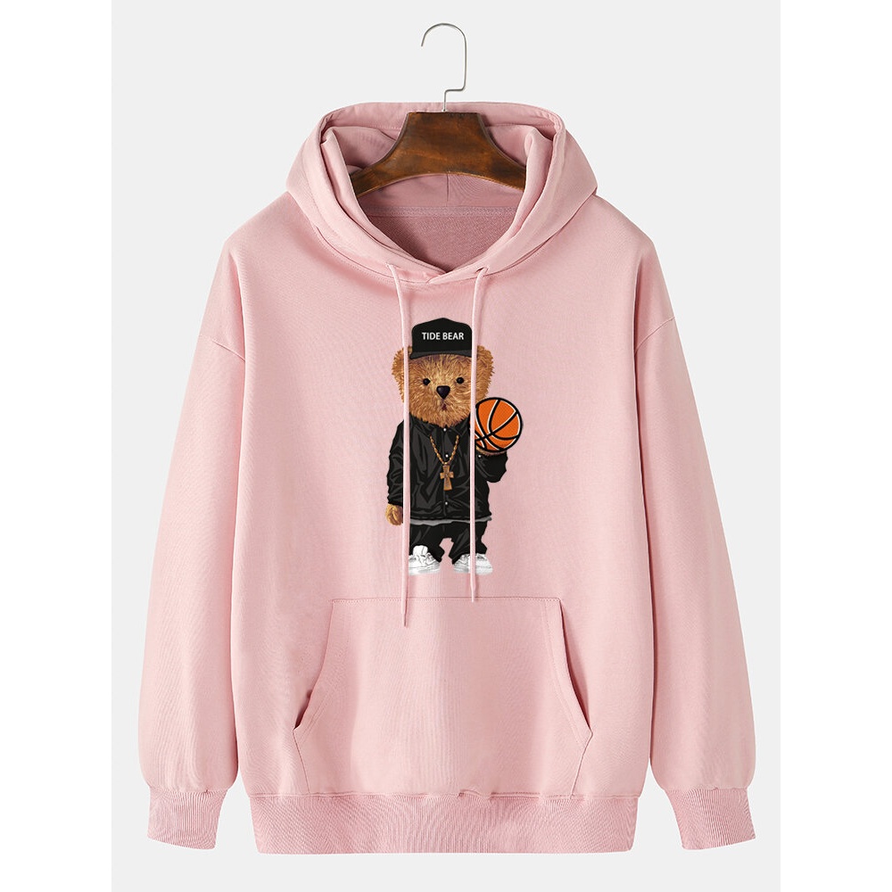 Mens 100% Cotton Cartoon Bear Print Drop Shoulder Drawstring Hoodies - Khaki S