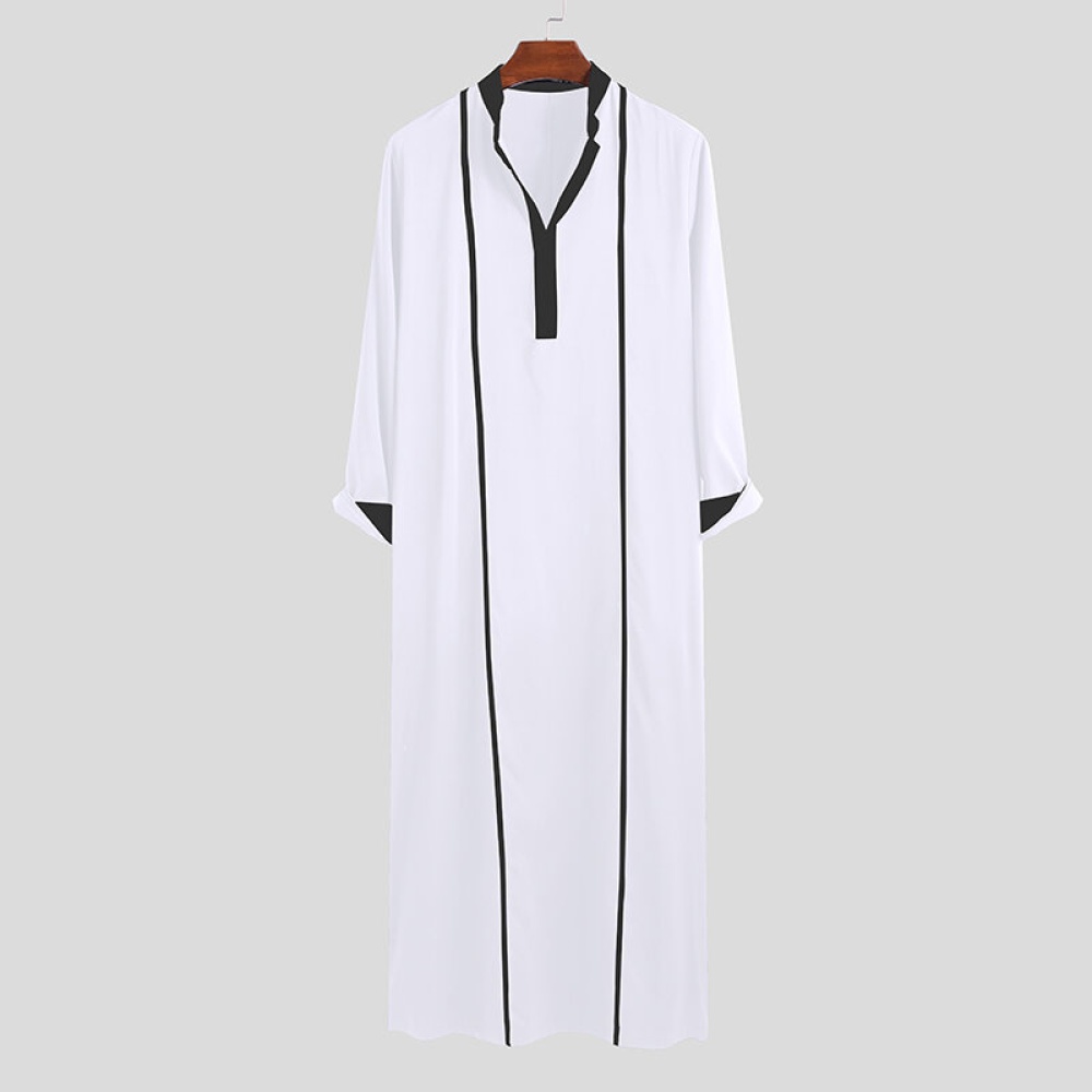 Men Black White Stitching Color Long Sleeve Kaftan Shirts - S Black - Image 2