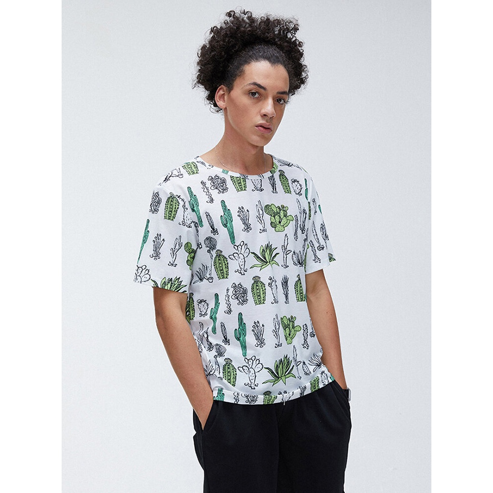 Mens New Fashion Trendy Cactus Print Short Sleeved Shirts - L Green