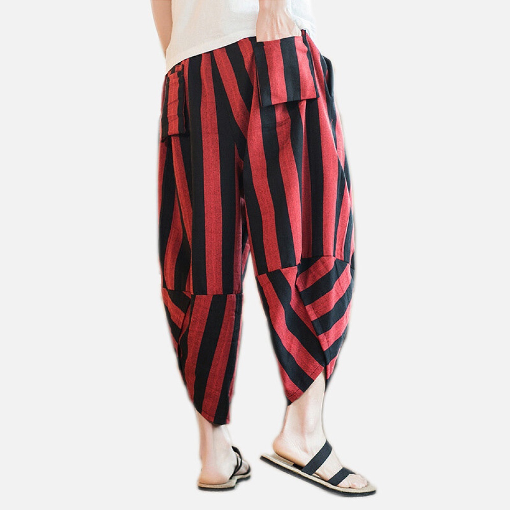 Mens Ethnic Style Summer Stripe Casual Pants - L Red - Image 2