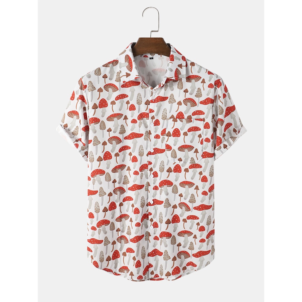 Mens Cartoon Mushroom Print Pocket Shirts - Light Grey 2XL