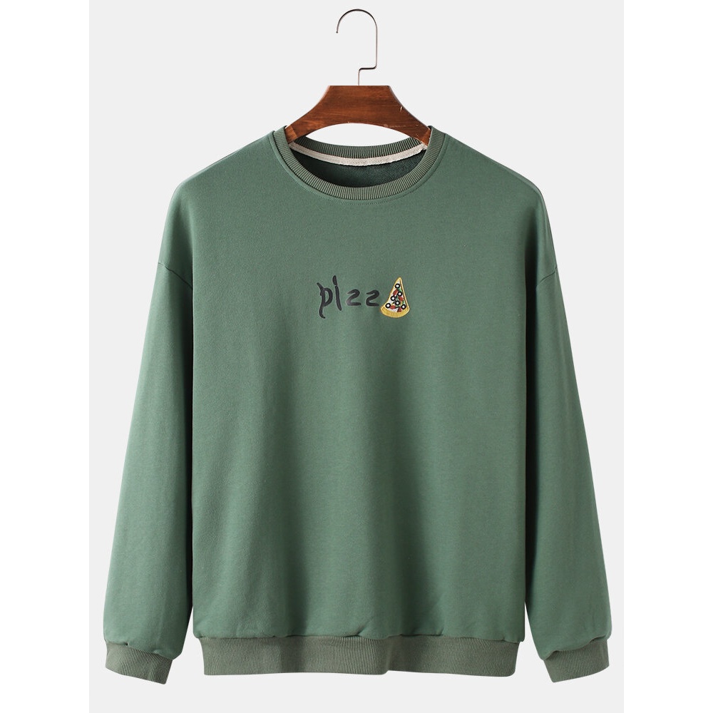 Mens Pizza Letter Print Cotton Long Sleeves Crew Neck Sweatshirts - Green 2XL