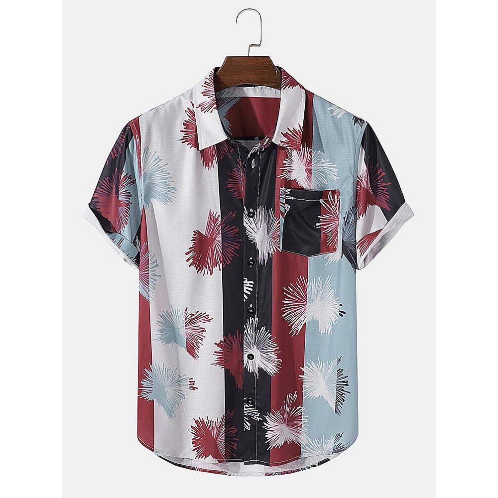 Mens Stripe Abstract Print Beach Holiday Short Sleeve Shirts With Pocket - Blue S