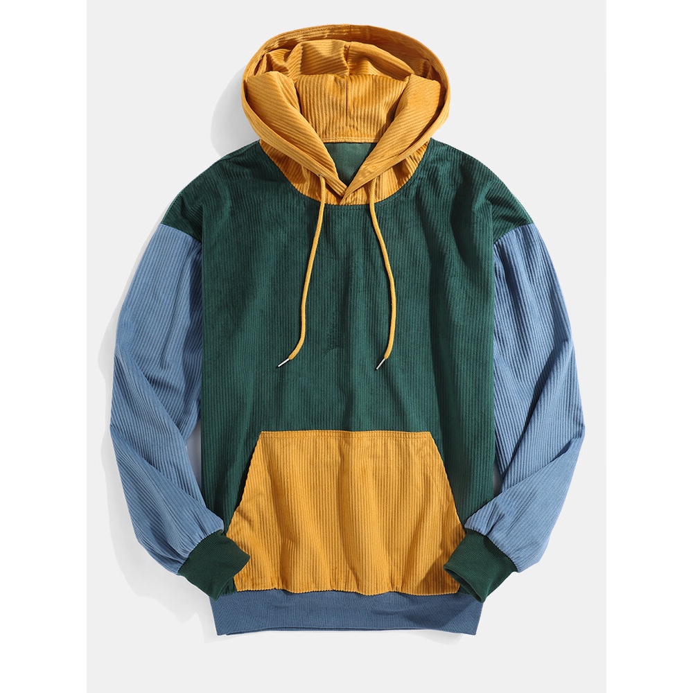 Mens Corduroy Stitching Long Sleeve Drop Shoulder Kangaroo Pocket Simple Hoodies - Yellow S