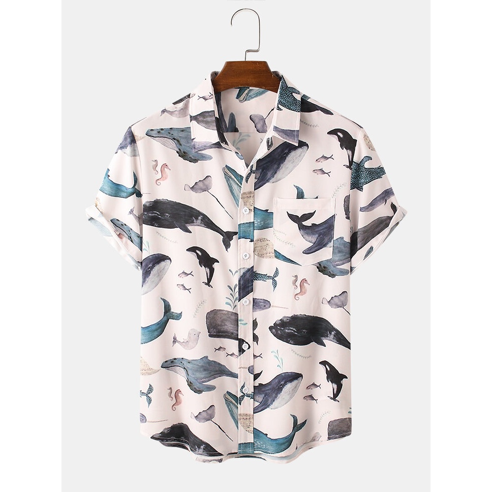 Mens Casual Sea Shark Pattern Short Sleeve Shirts - Green S