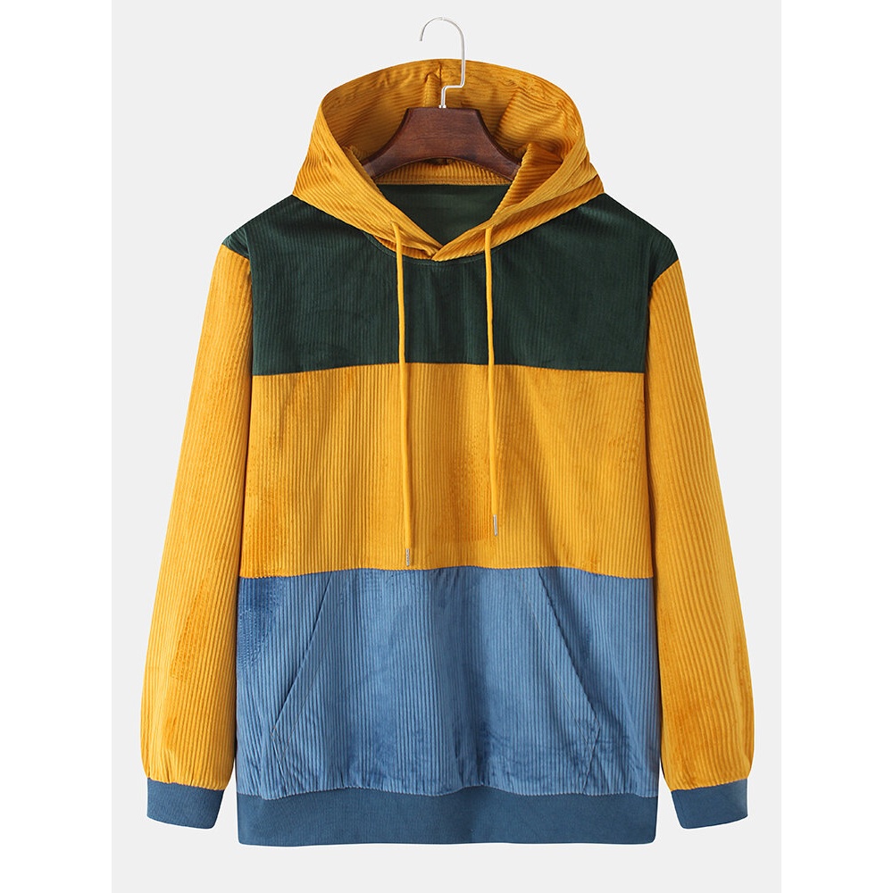 Mens Corduroy Patchwork Color Block Long Sleeve Design Hoodies With Kangaroo Pocket - Yellow S