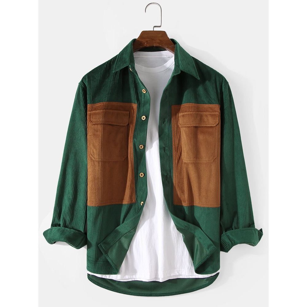 Mens Corduroy Solid Color Patchwork Double Pocket Long Sleeve Cargo Shirts - Black 2XL