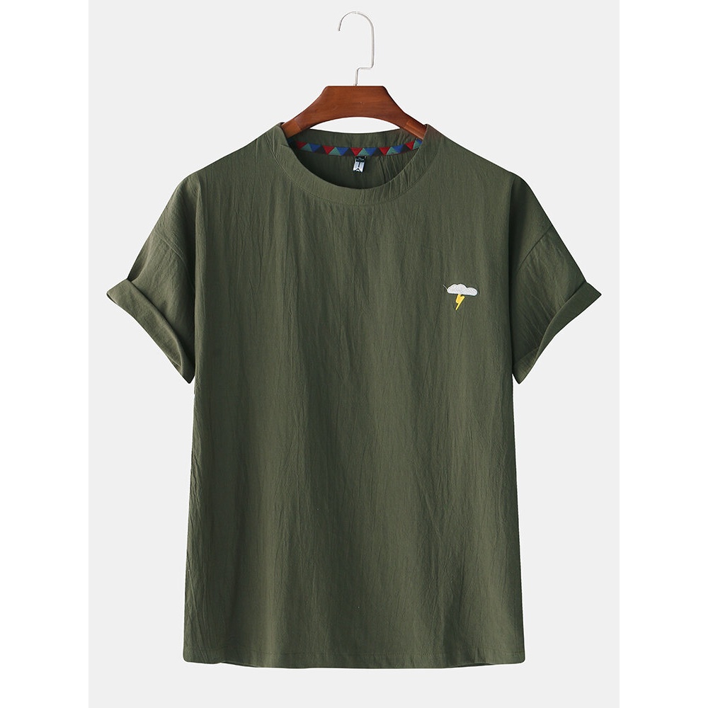 Mens Cotton Solid Color Little Cloud Embroidery Short Sleeve Casual T-Shirts - White L