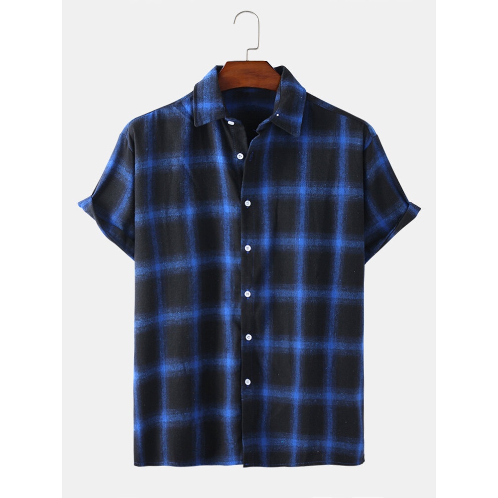 Mens Plaid Daisy Print Light Casual Breathable Short Sleeve Shirts - Black M