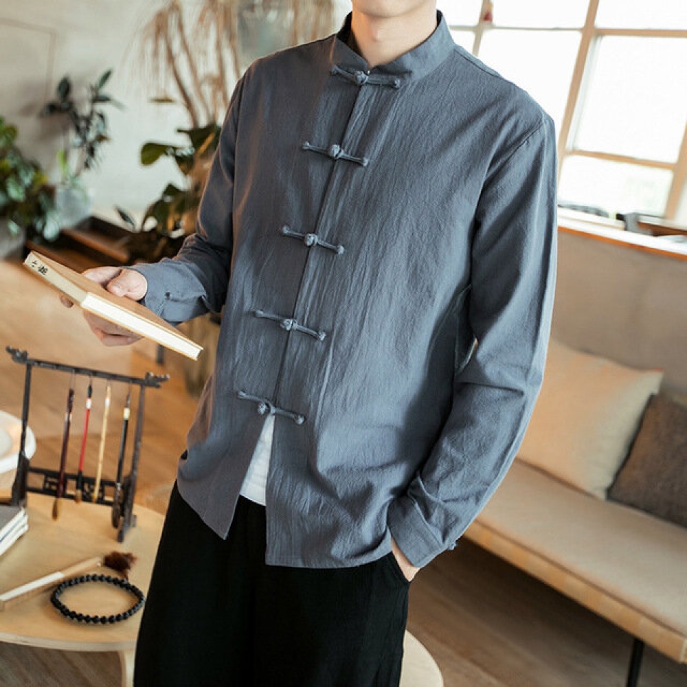 Chinese Style New Long-sleeved Shirt Men's Large Size Retro Cotton Linen Buckle Casual Shirts - 2XL Black