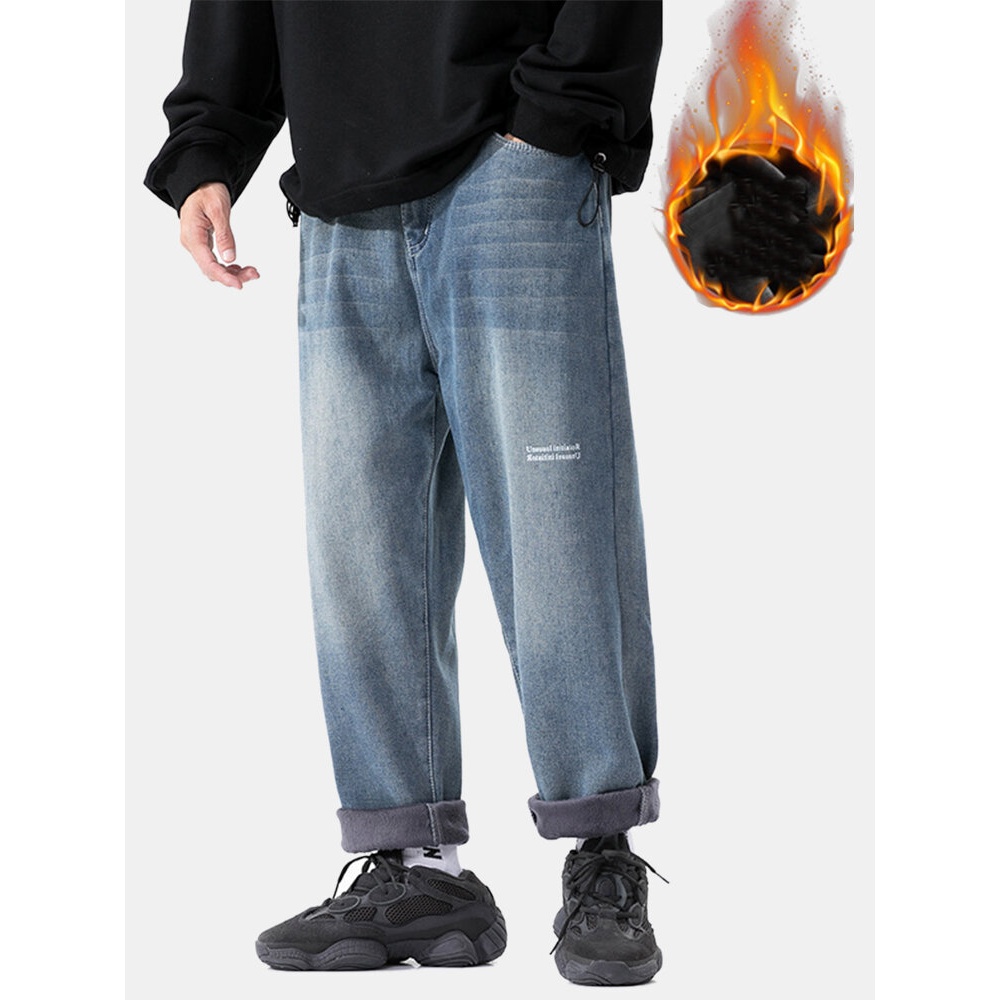 Mens Thicken Plus Velvet Distressed Casual Loose Warm Jeans - 2XL Blue