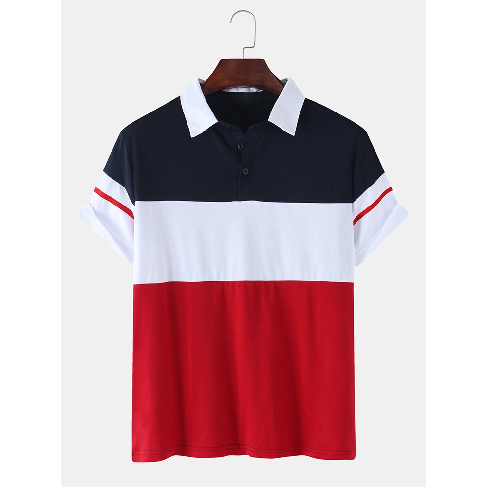 Mens Color Block Patchwork Casual Short Sleeve Golf Shirt - Red M