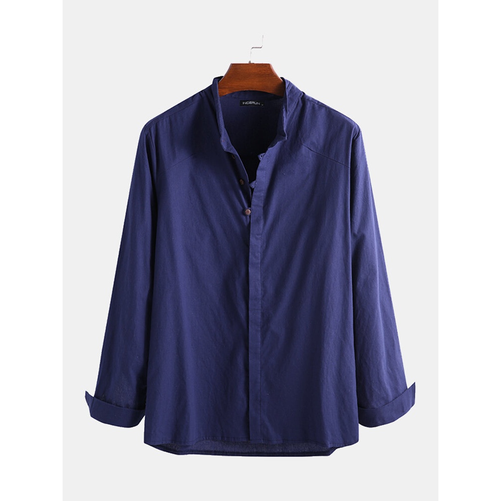 Men's Loose Fit Shirt Linen Solid Button Down Causal Dress Tops Retro Male Blouse - S Navy