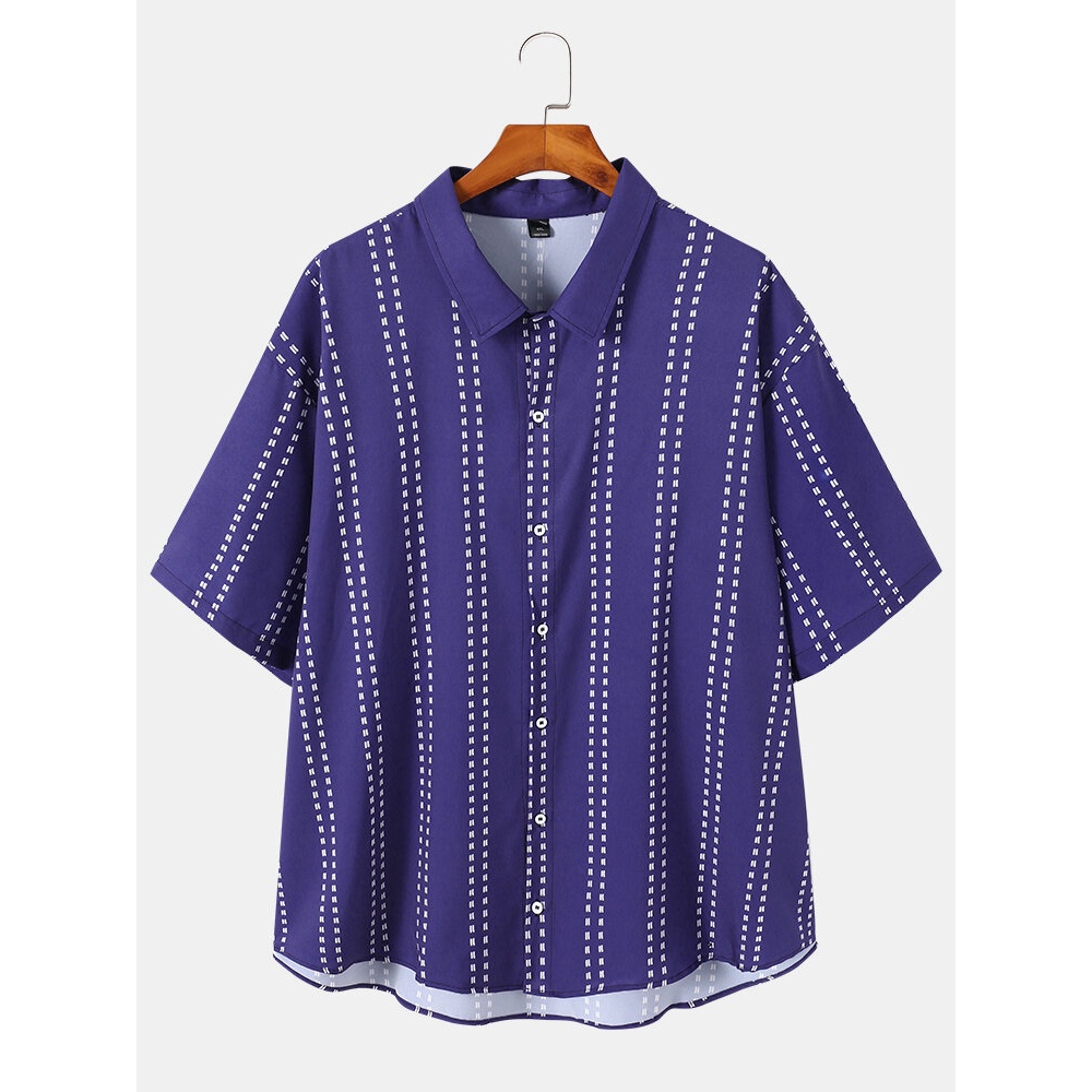 Mens Plus Size Lines Striped Loose Button Up Shirts - Blue 4XL