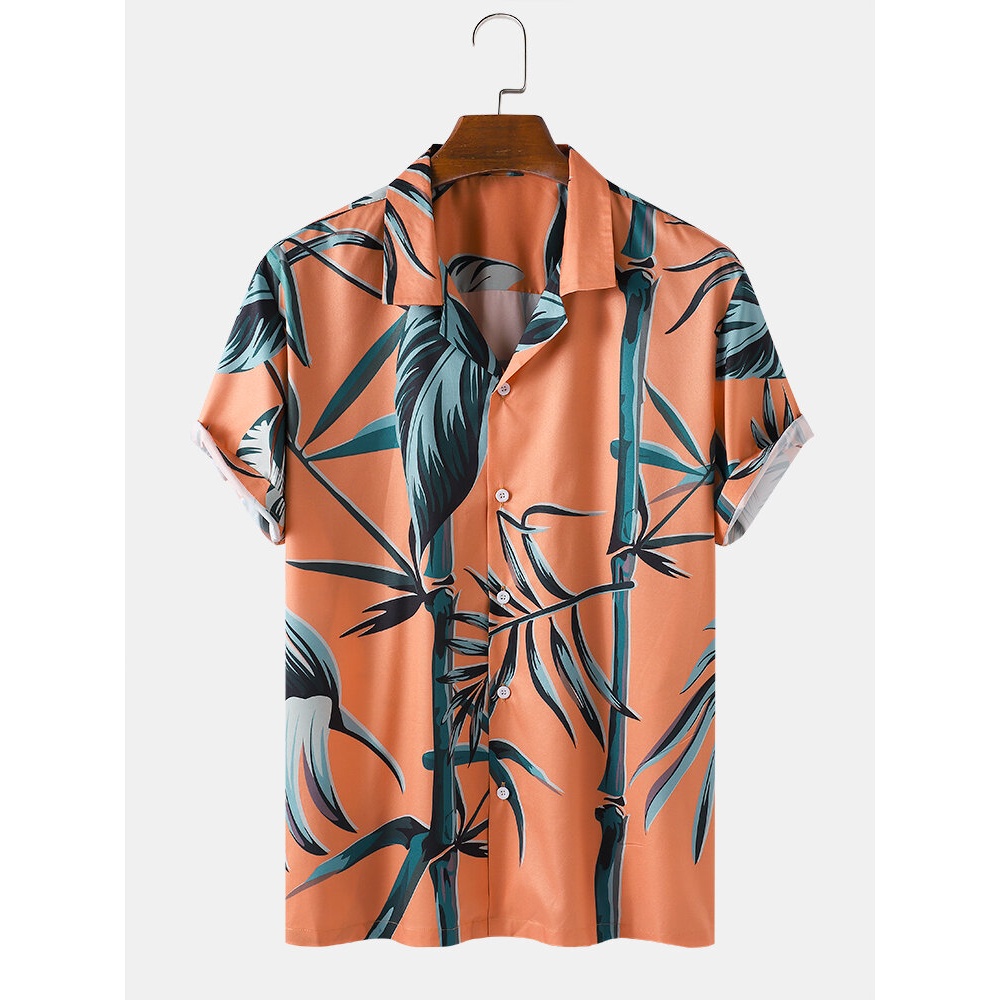 Mens Bamboo Pint Tropical Short Sleeve Shirts - Orange 2XL