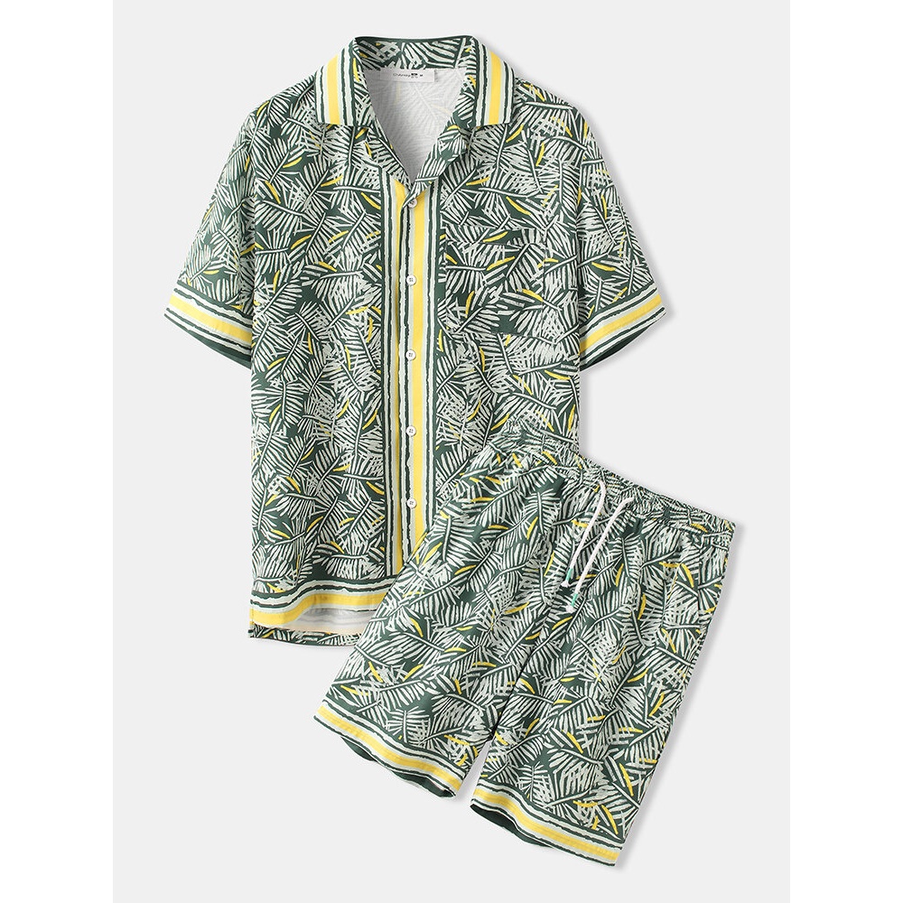 Mens Holiday Tropical Leaves Print Revere Collar Short Sleeve Shirs & Shorts - Yellow S