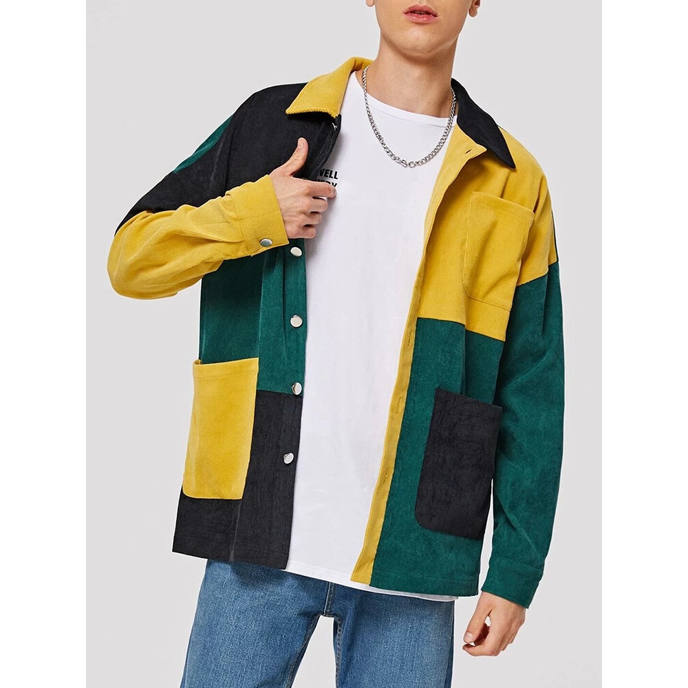 Mens Patchwork Multi Pocket Lapel Long Sleeve Design Shirts - Yellow 2XL