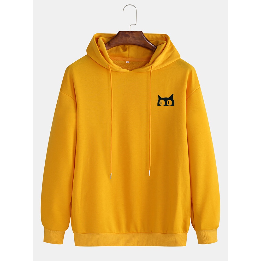 Mens Solid Color Cute Cat Pattern Drawstring Pullover Hoodie - Pink XL