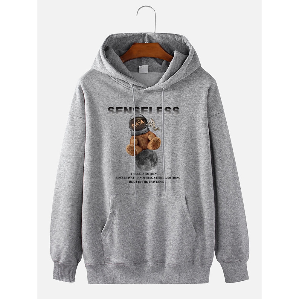 Mens Cartoon Bear Astronaut Print 100% Cotton Casual Drawstring Hoodies - Grey L