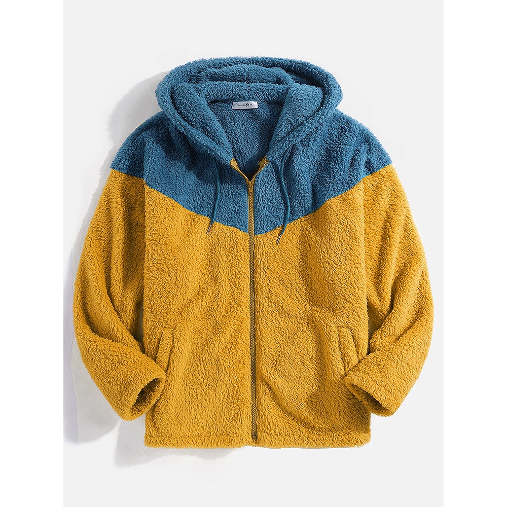 Contrast Patchwork Zipper Long Sleeve Hoodie Fluffy Jacket With Pocket - S Blue