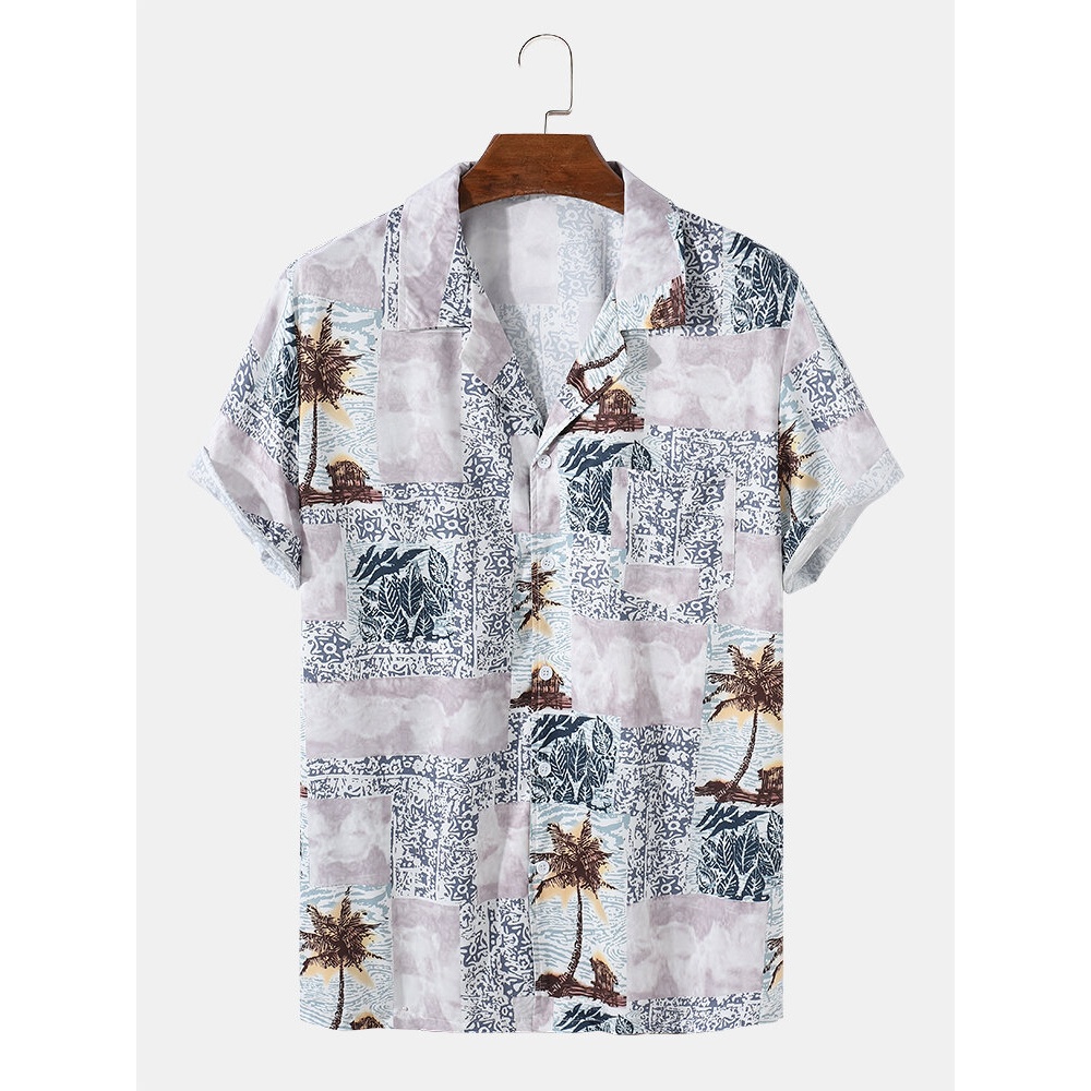 Mens Holiday Style Coconut Tree Breathable Casual Shirts - Light Purple S