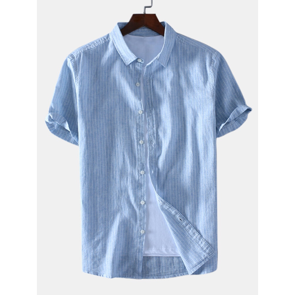 Mens Striped Single Breasted Turn Down Collar Shirts - 2XL Grey