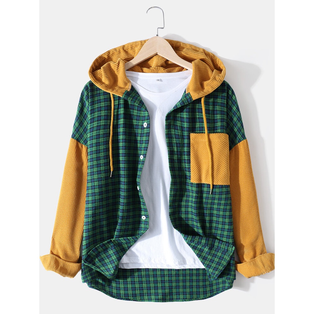 Mens 100% Cotton Plaid Patchwork Corduroy Hooded Shirts With Pocket - S Green