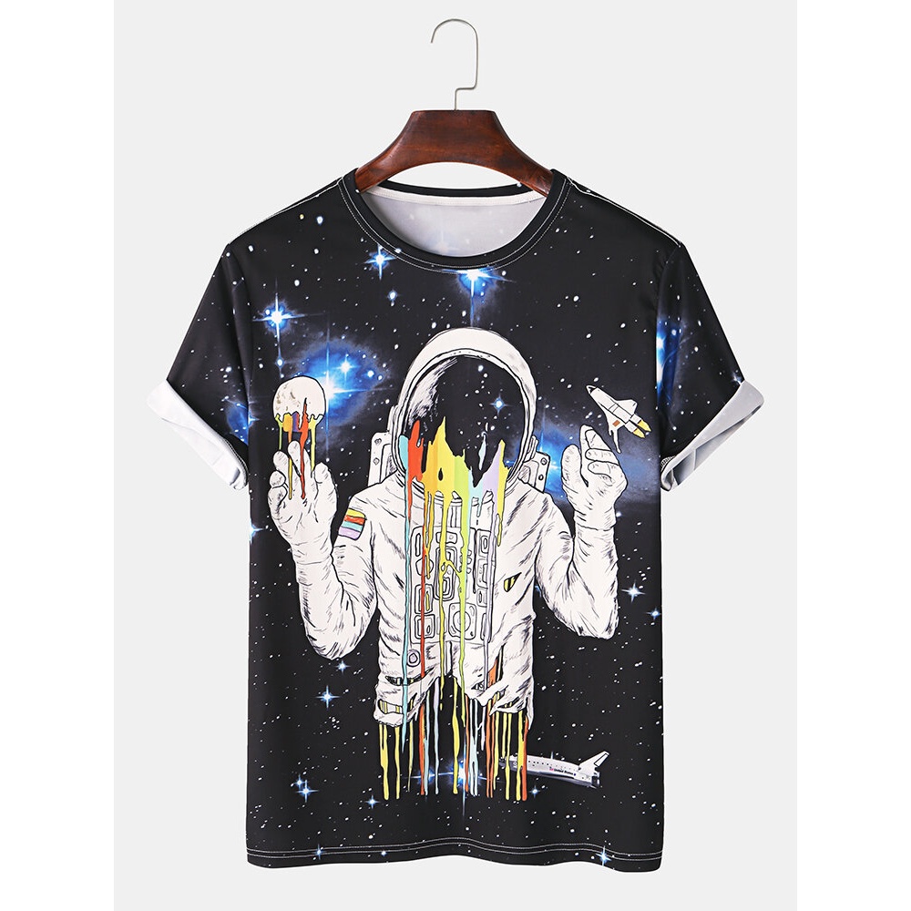 Mens Funny Cartoon Astronaut Space Print Short Sleeve Loose T-Shirts - Black S