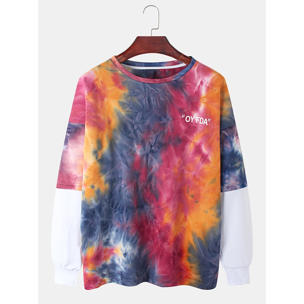 Mens Tie Dye Patchwork Drop Shoulder Pullover Long Sleeve Sweatshirts - Red M