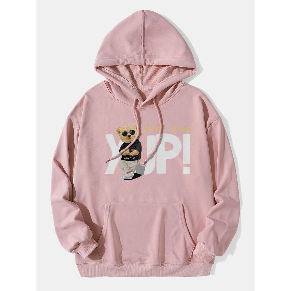 Men Teddy Bear Letter Print Kangaroo Pocket Drop Shoulder Hooded Sweatshirt - Black S