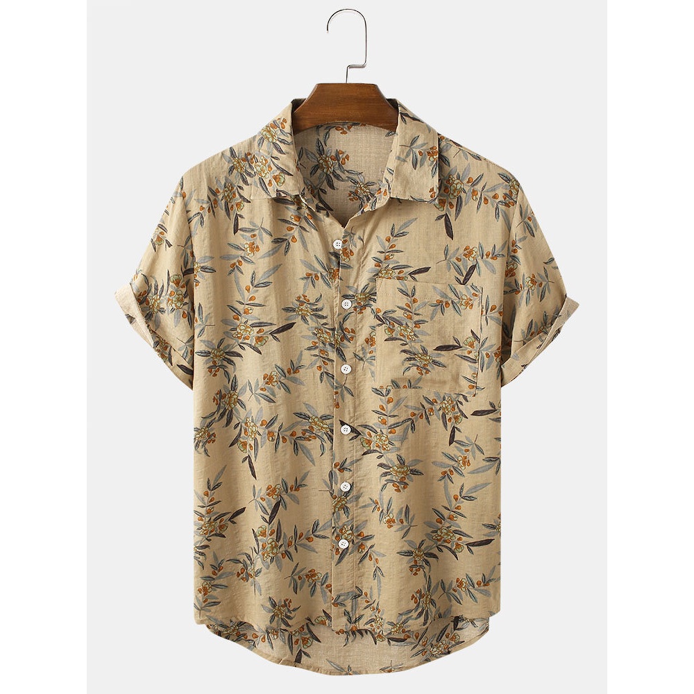 Mens Casual Leaf Print Pocket Shirts - Yellow S