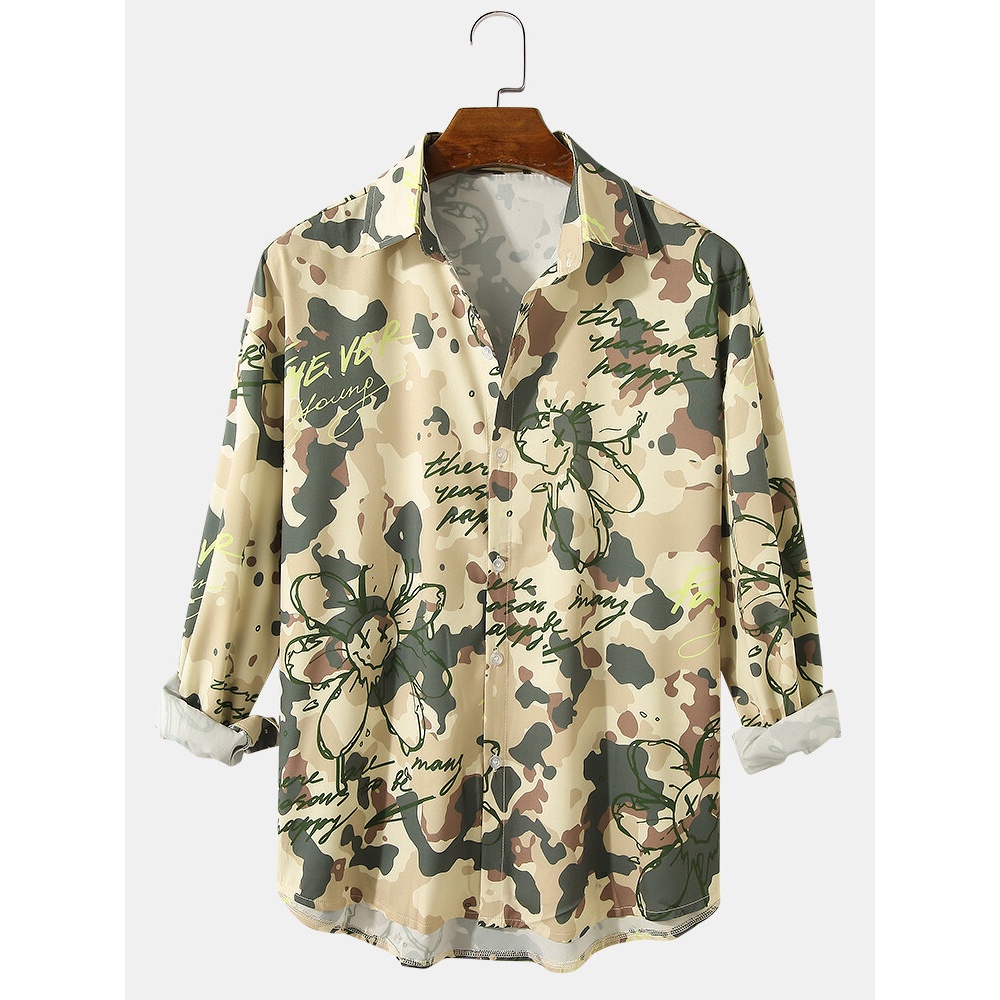 Mens Camouflage Funny Graffiti Print Lapel Collar Long Sleeve Casual Shirts - Khaki XL