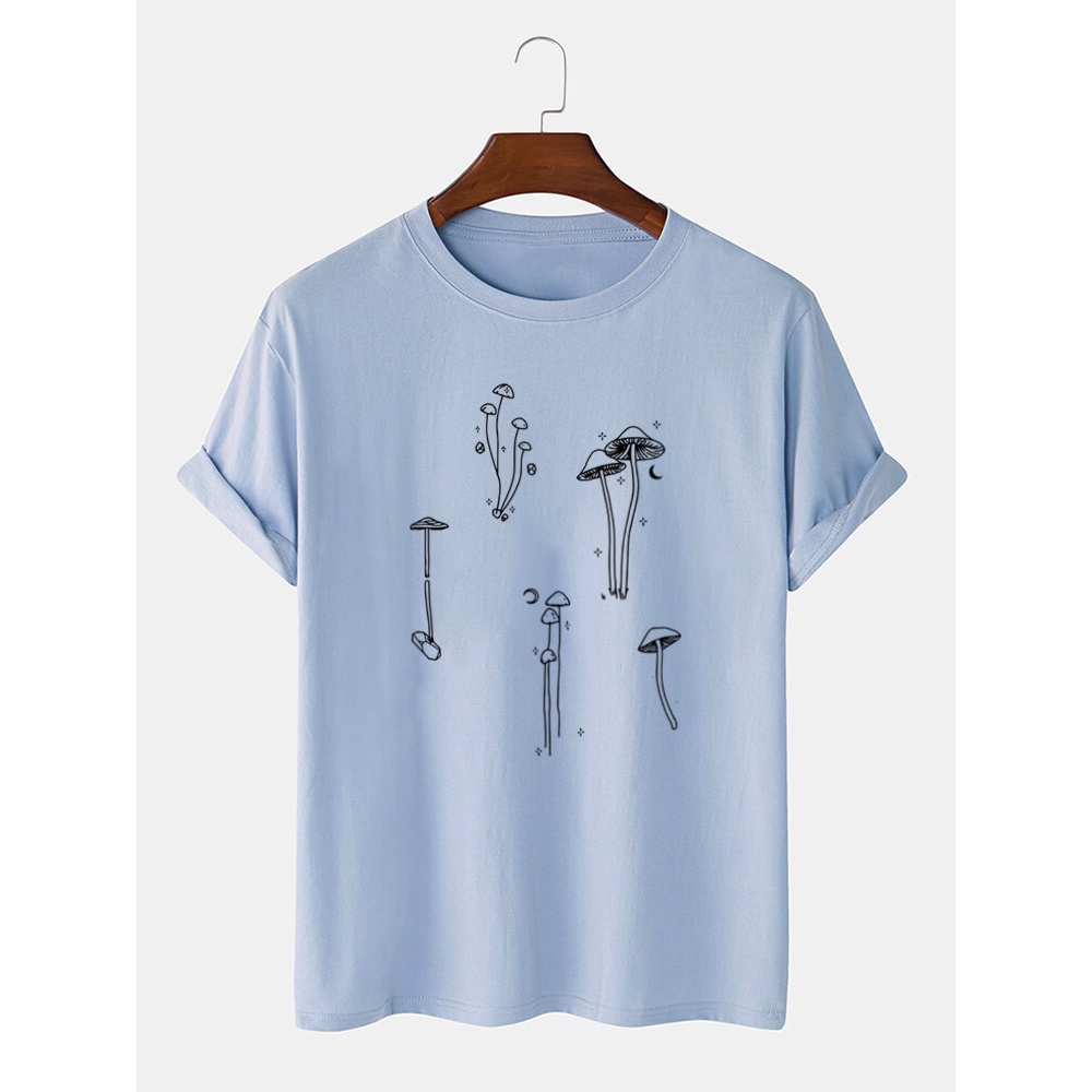 Mens Line Mushroom Print Plain 100% Cotton Short Sleeve T-Shirt - Black S