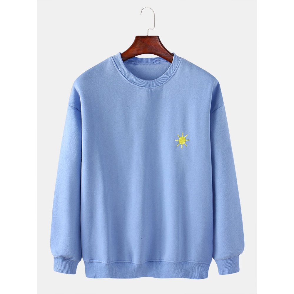 Mens Cotton Weather Symbol Embroidery Round Neck Long Sleeve Pullover Simple Sweatshirt - White L
