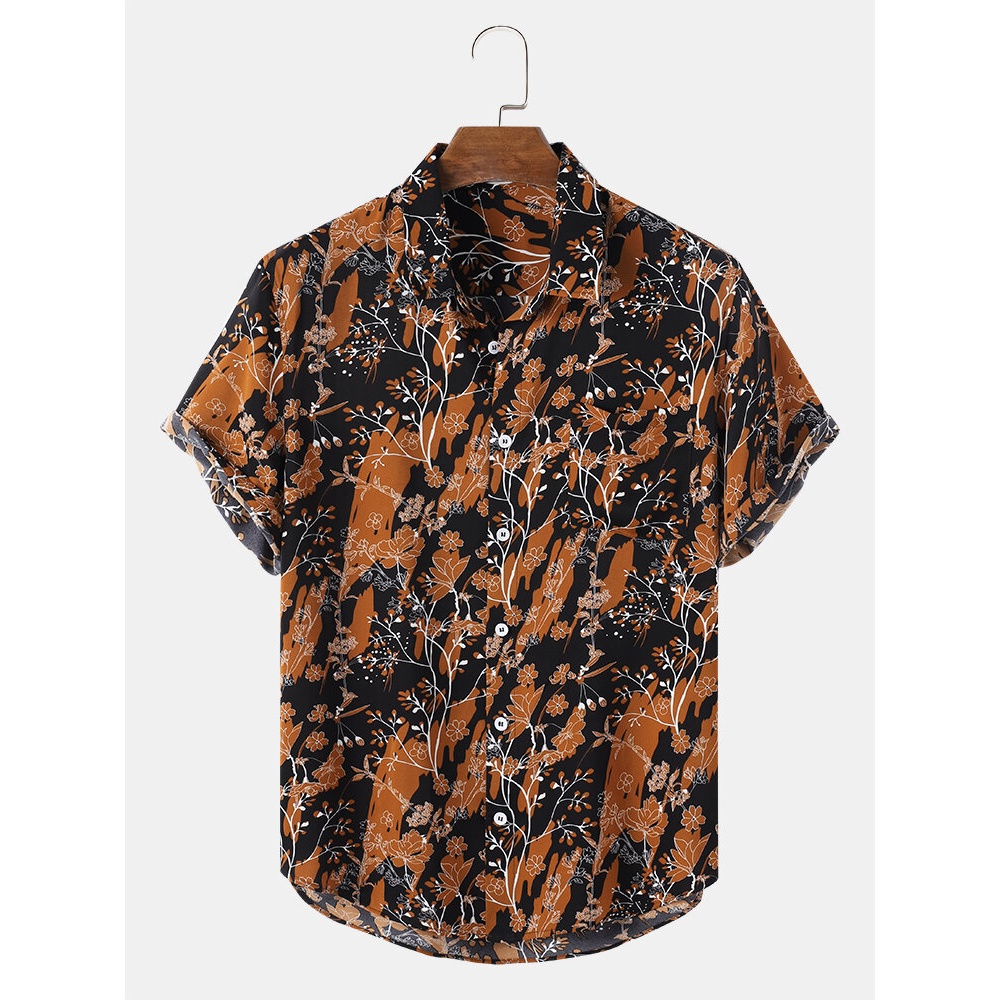 Mens Holiday Tropical Plant Print Casual Shirts - White S