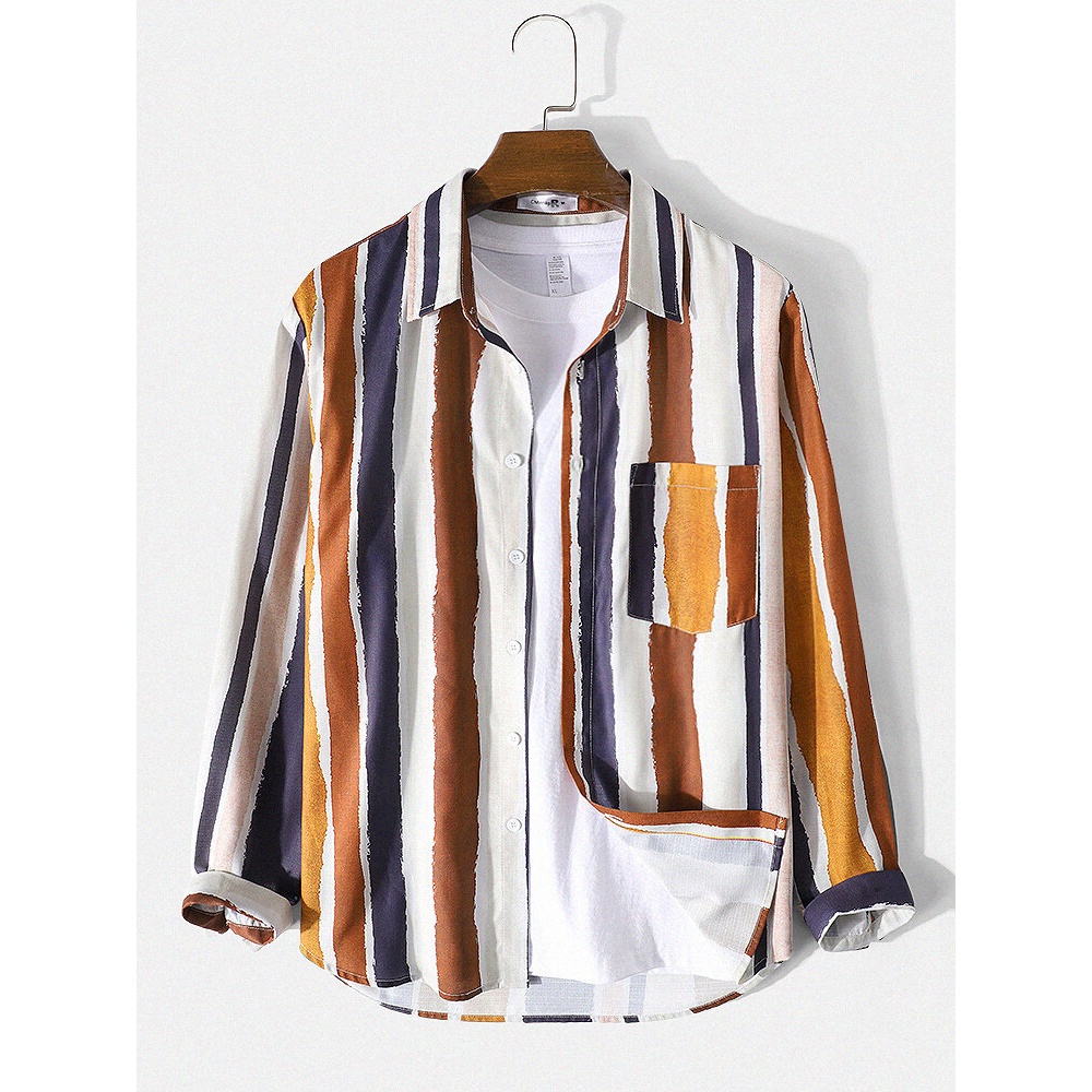 Mens Watercolor Striped Print Pocket Lapel Long Sleeve Shirt - Khaki S